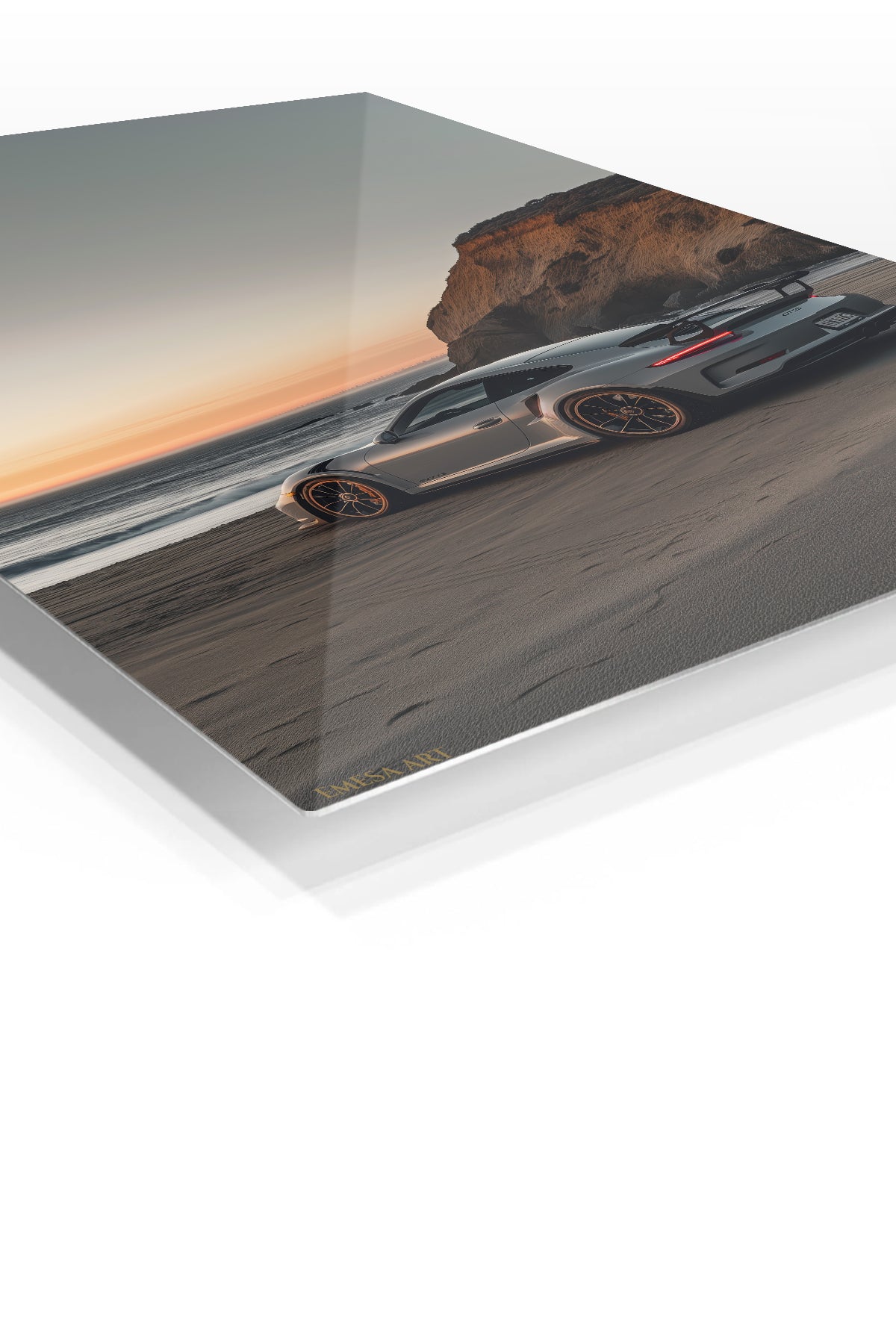 Coastal Sunset Sports Car premium metal wall art Ã¢â‚¬â€œ angled view