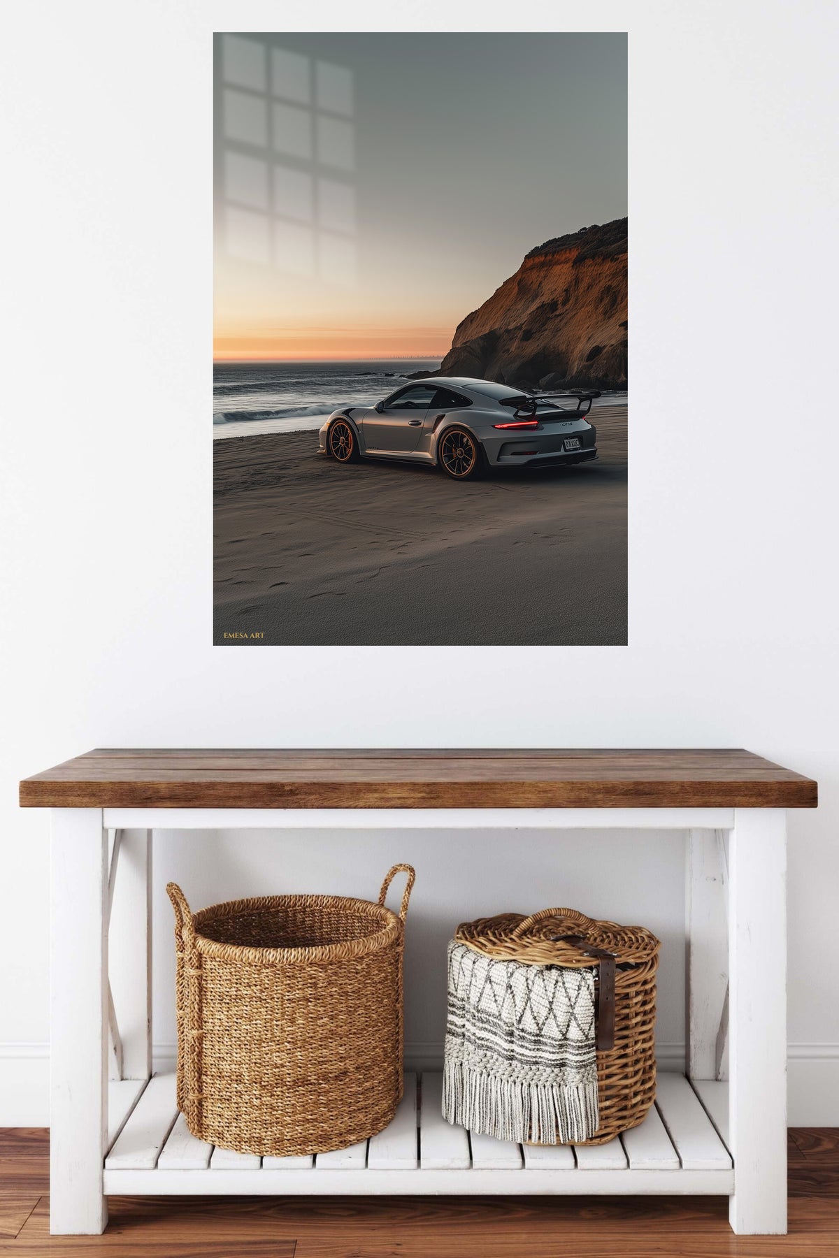 Coastal Sunset Sports Car metal wall art displayed in a contemporary living space