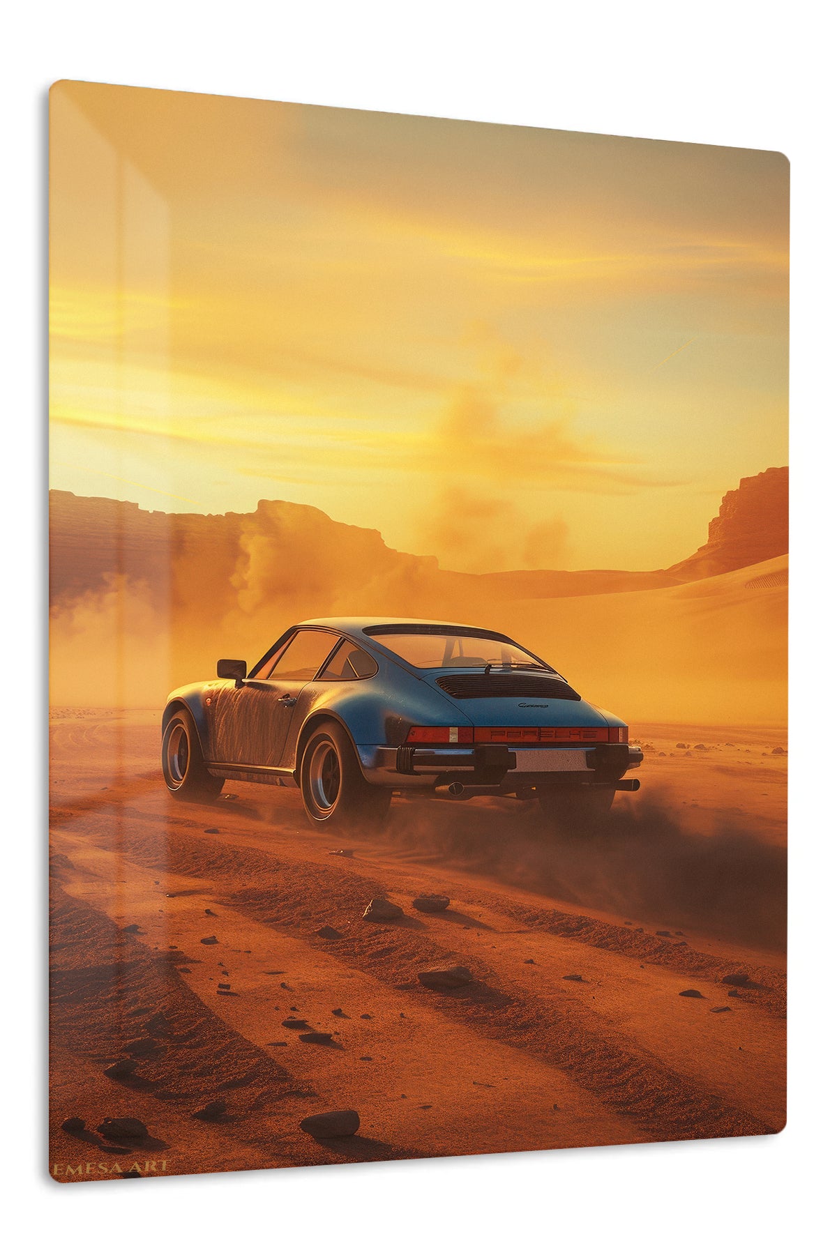 Desert Sunset Sports Coupe premium metal wall art Ã¢â‚¬â€œ front view