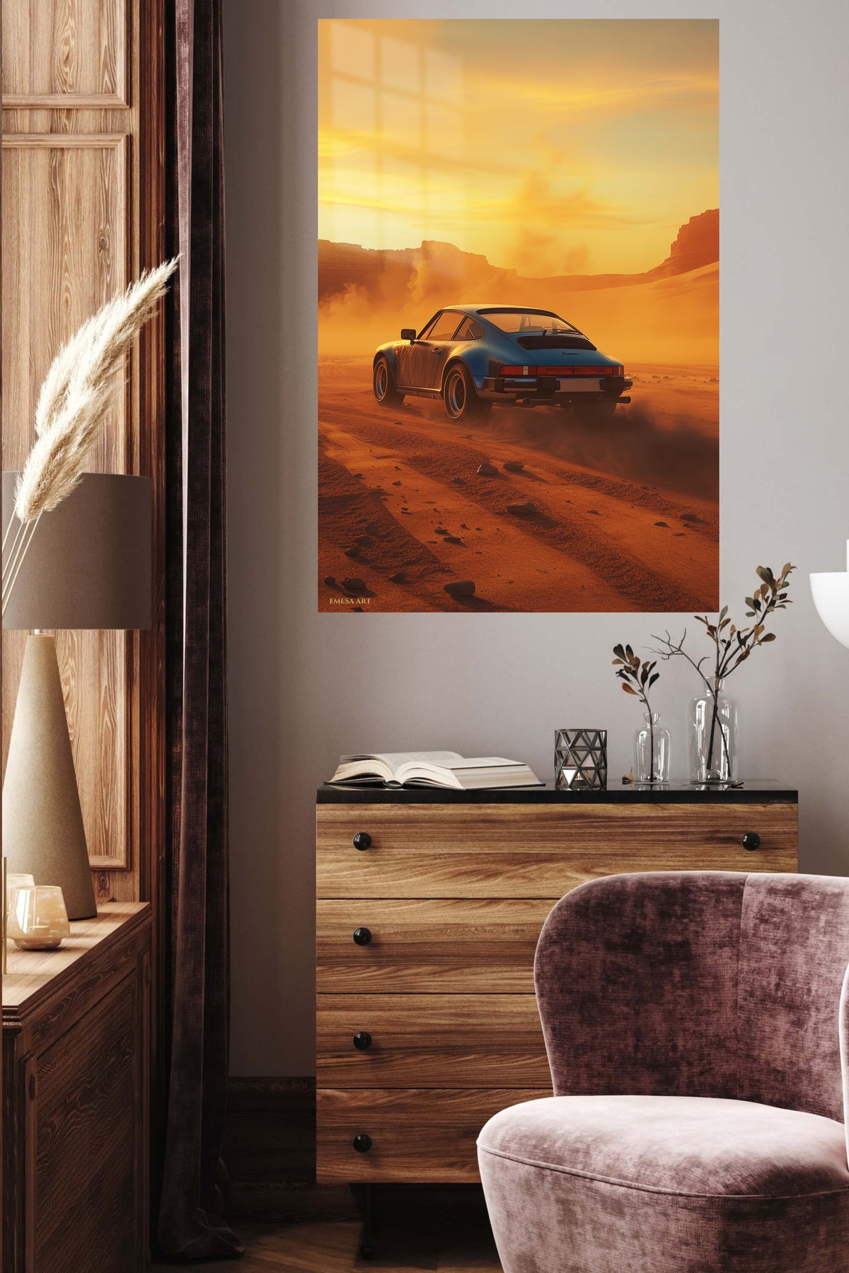 Desert Sunset Sports Coupe metal wall art displayed in a contemporary living space