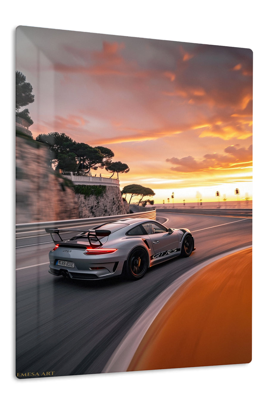 Sunset Coastal Track Coupe premium metal wall art Ã¢â‚¬â€œ front view
