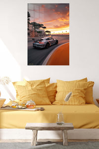 Sunset Coastal Track Coupe metal wall art displayed in a contemporary living space