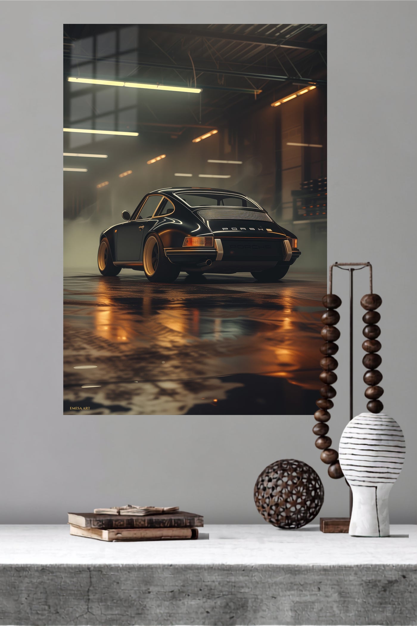 Black Porsche 911 Garage Night wall art