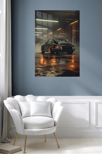 Midnight Workshop Sports Coupe metal wall art displayed in a contemporary living space