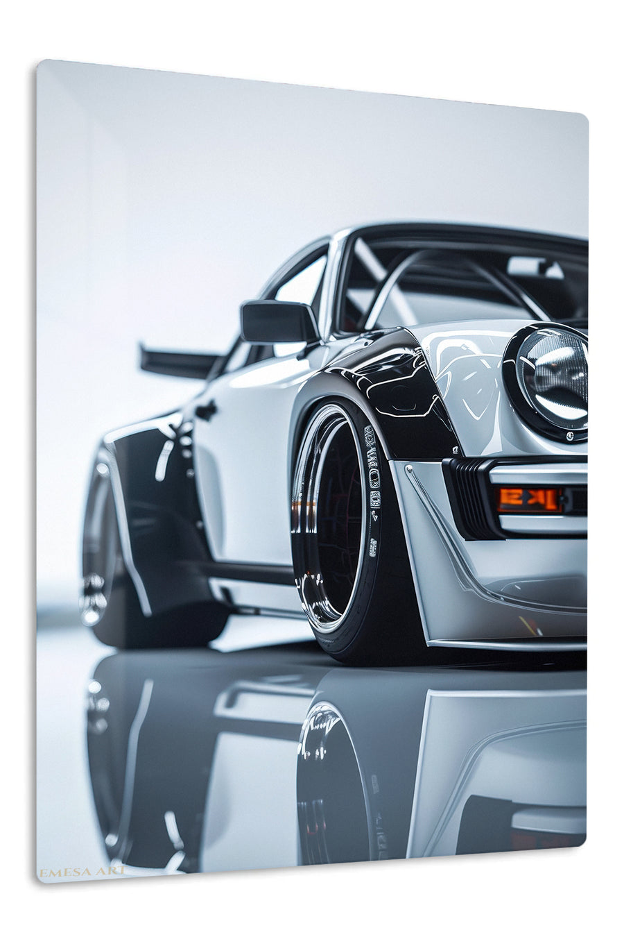 Silver Widebody Sports Car Close-Up premium metal wall art Ã¢â‚¬â€œ front view