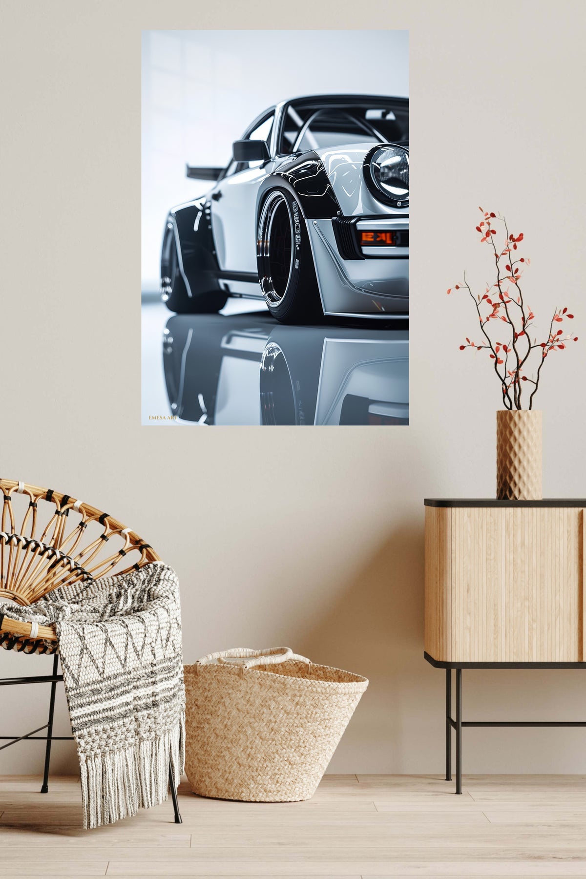 Silver Widebody Sports Car Close-Up metal wall art displayed in a contemporary living space