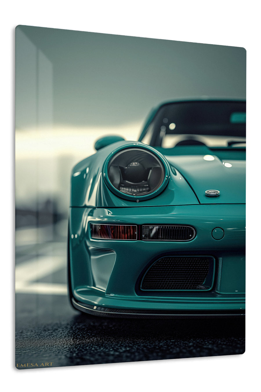 Teal Sports Car Close-Up premium metal wall art Ã¢â‚¬â€œ front view
