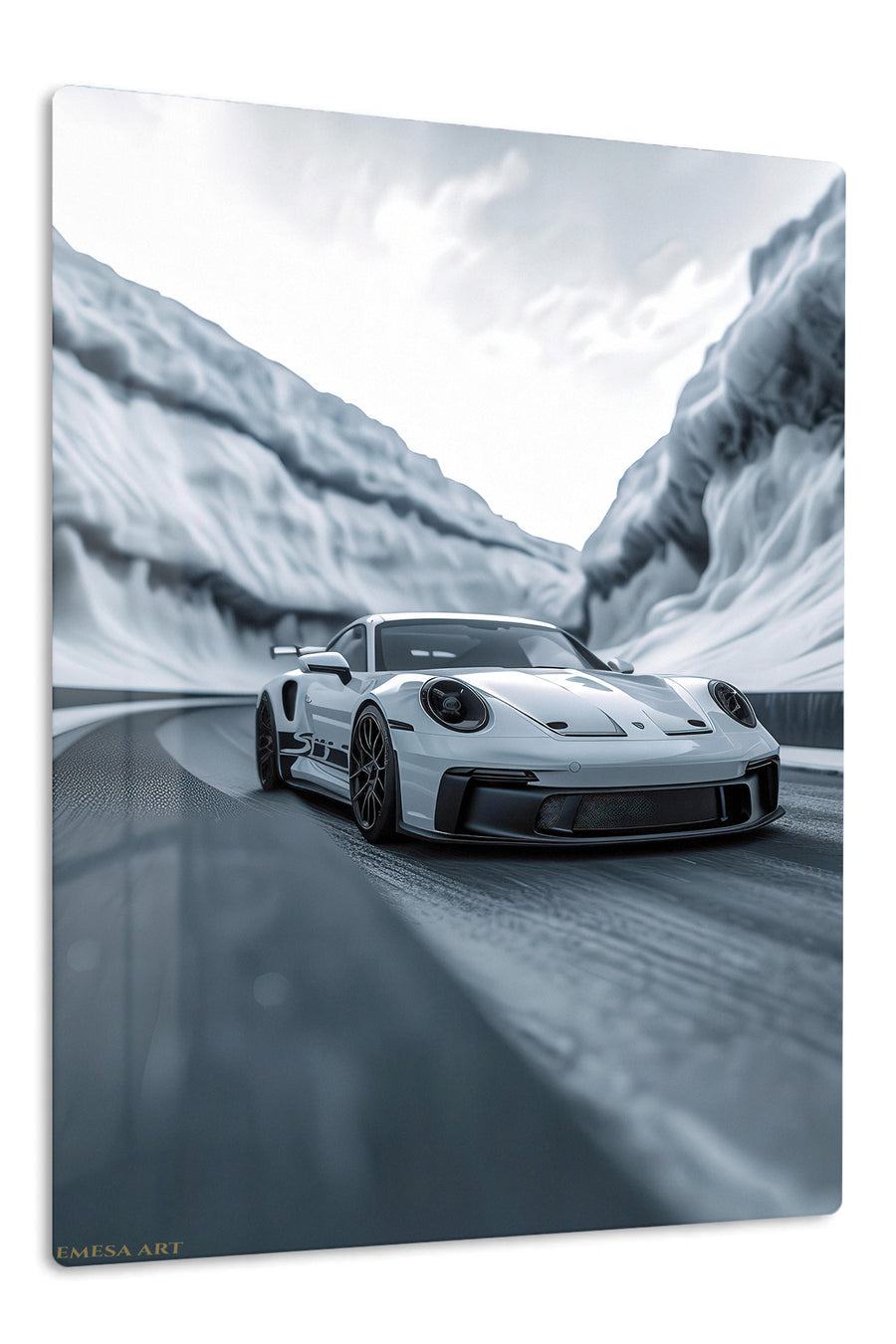 White Sports Car in an Icy Mountain Pass premium metal wall art Ã¢â‚¬â€œ front view