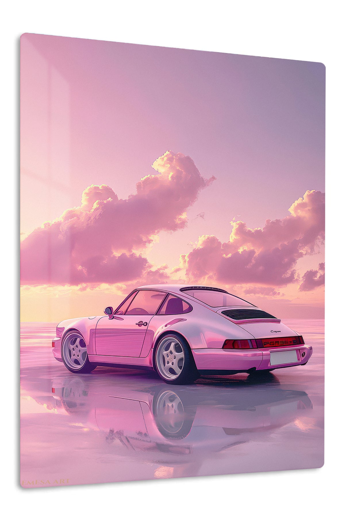 Pink Vintage Coupe at Sunset premium metal wall art Ã¢â‚¬â€œ front view