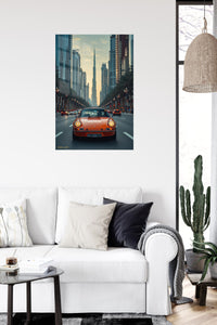 Orange Classic Sports Car City Drive metal wall art displayed in a contemporary living space