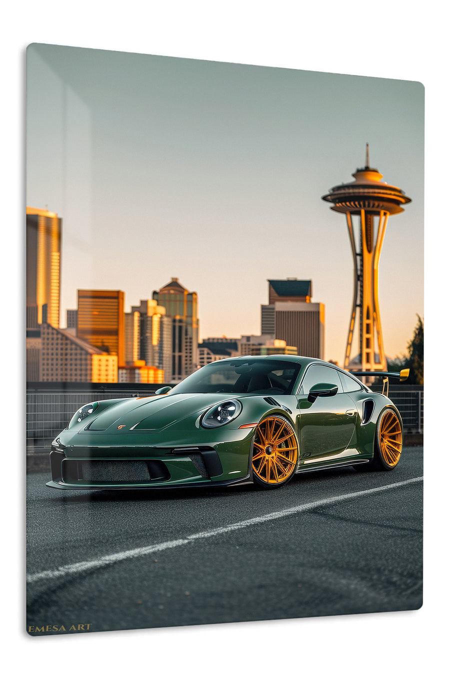 Emerald Sports Coupe at Sunset premium metal wall art Ã¢â‚¬â€œ front view