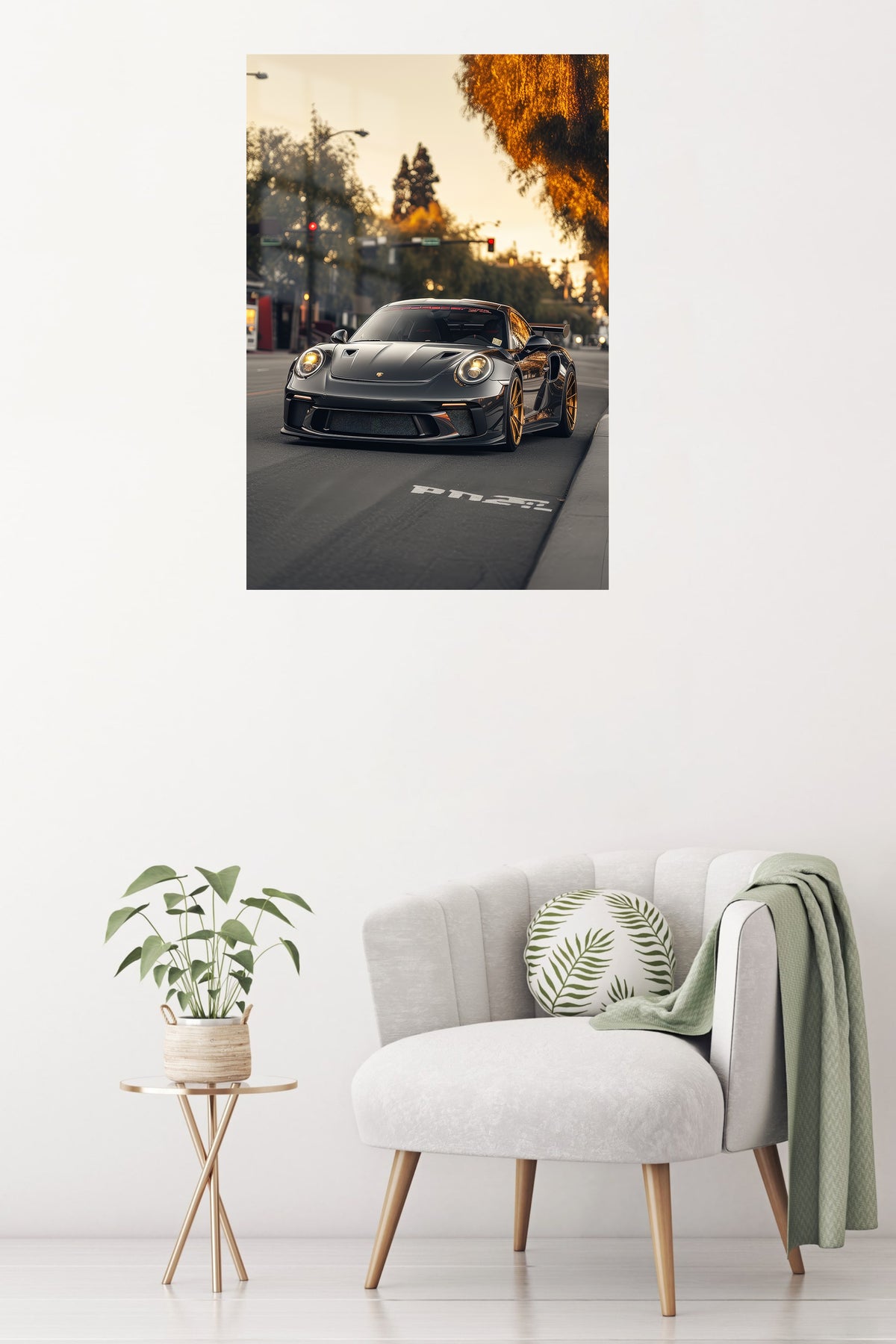 Twilight Street Sports Coupe metal wall art displayed in a contemporary living space
