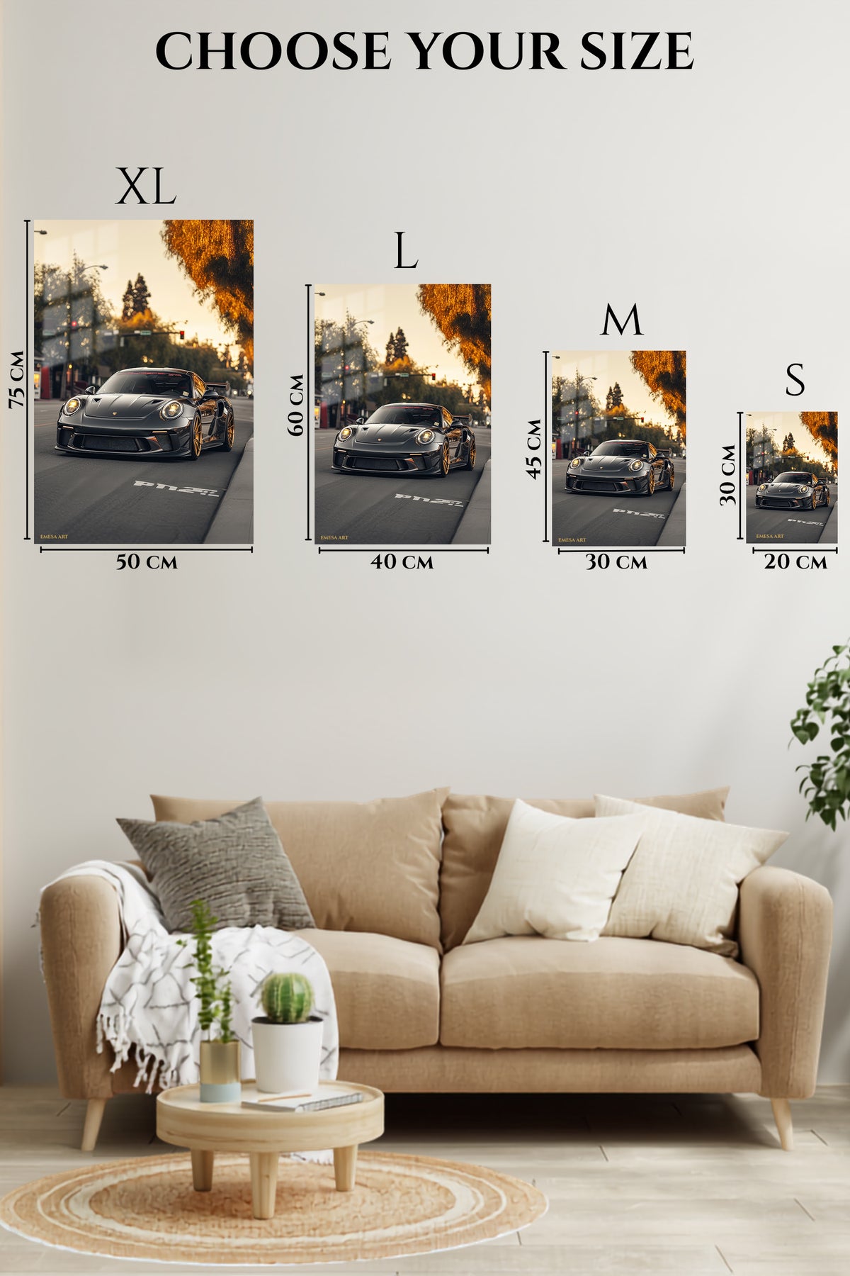 EMESA metal wall art size comparison guide for Twilight Street Sports Coupe