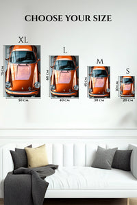 EMESA metal wall art size comparison guide for Burnished Orange Classic Sports Car