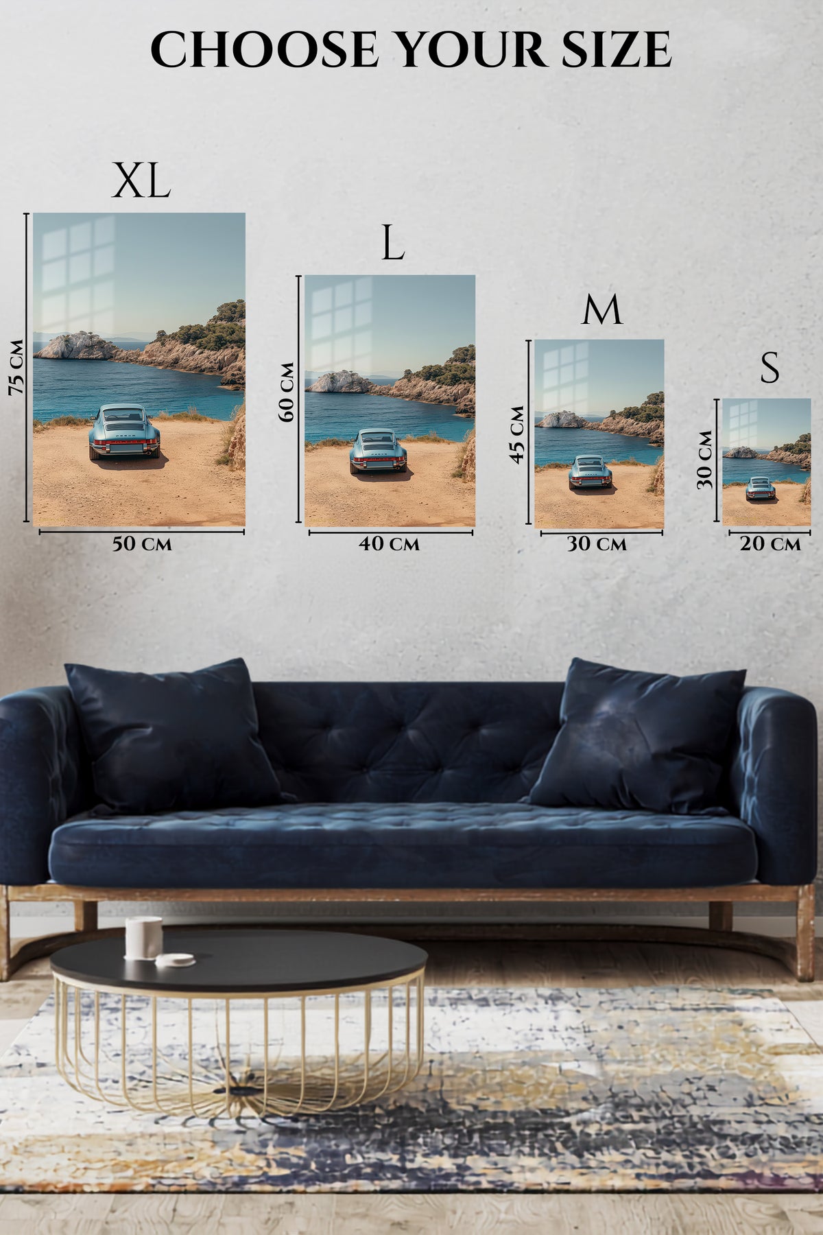 EMESA metal wall art size comparison guide for Vintage Blue Coupe by the Coast