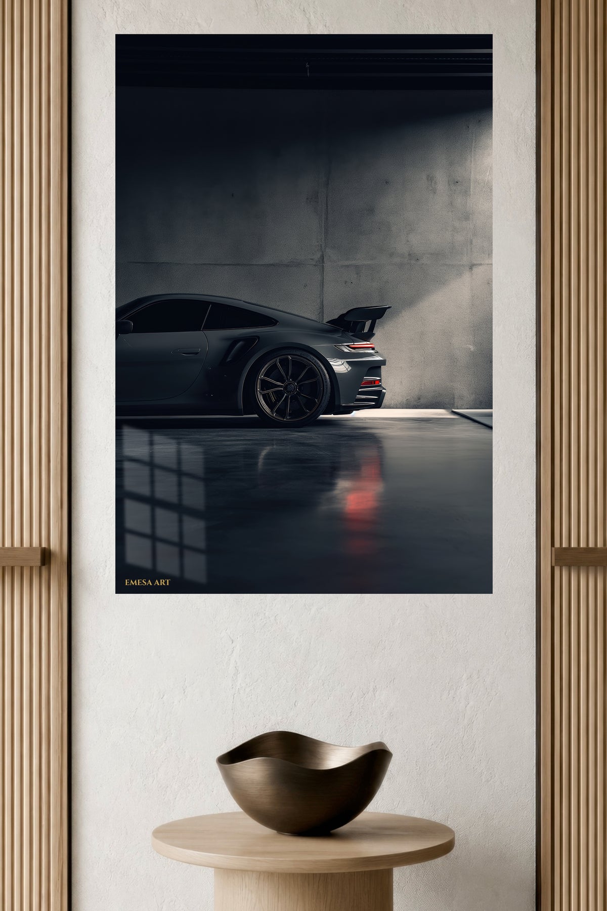 Shadowed Sports Coupe metal wall art displayed in a modern interior