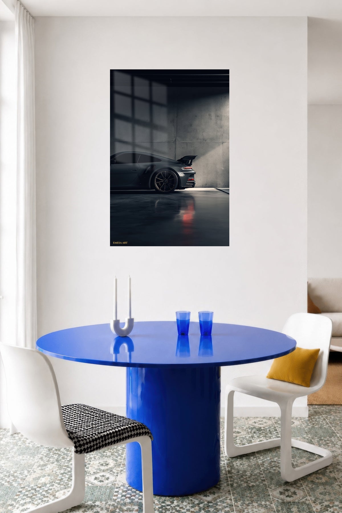 Shadowed Sports Coupe metal wall art displayed in a contemporary living space