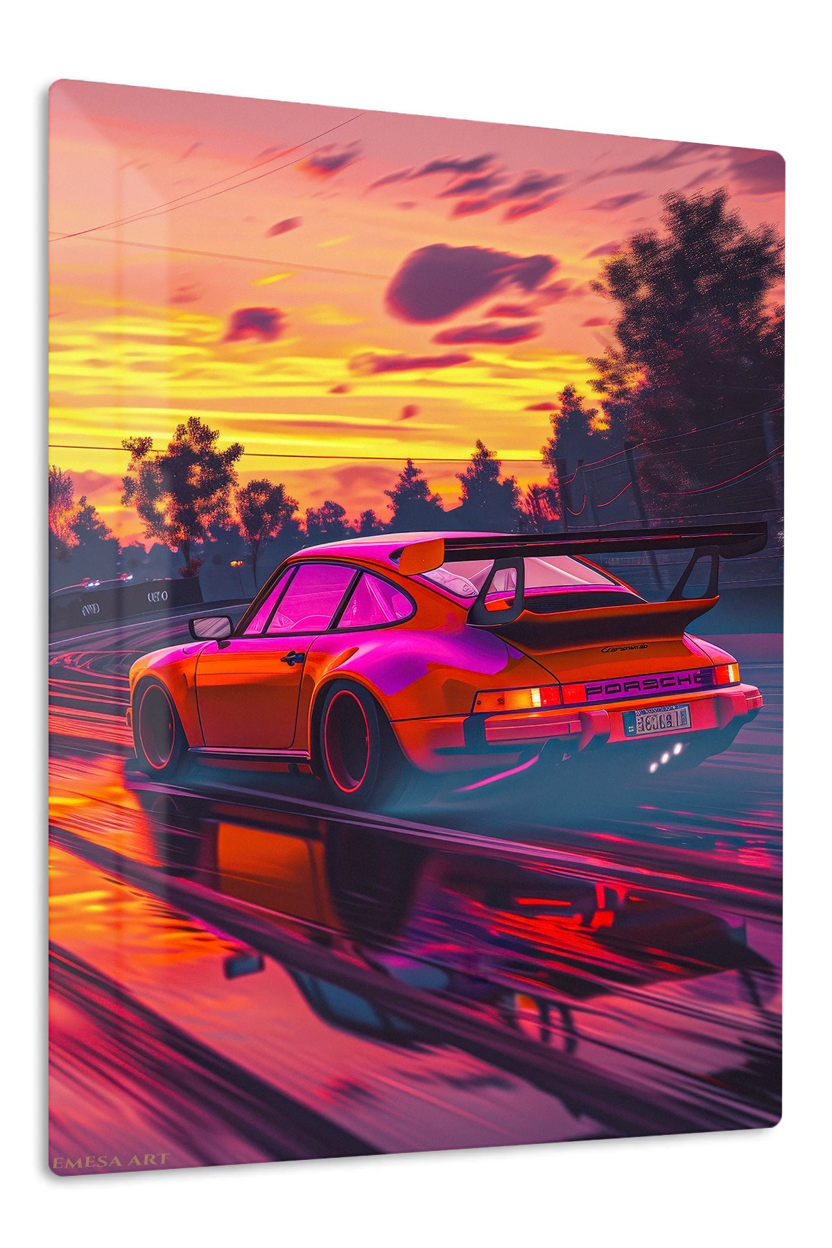 Neon Sunset Track Racer premium metal wall art Ã¢â‚¬â€œ front view