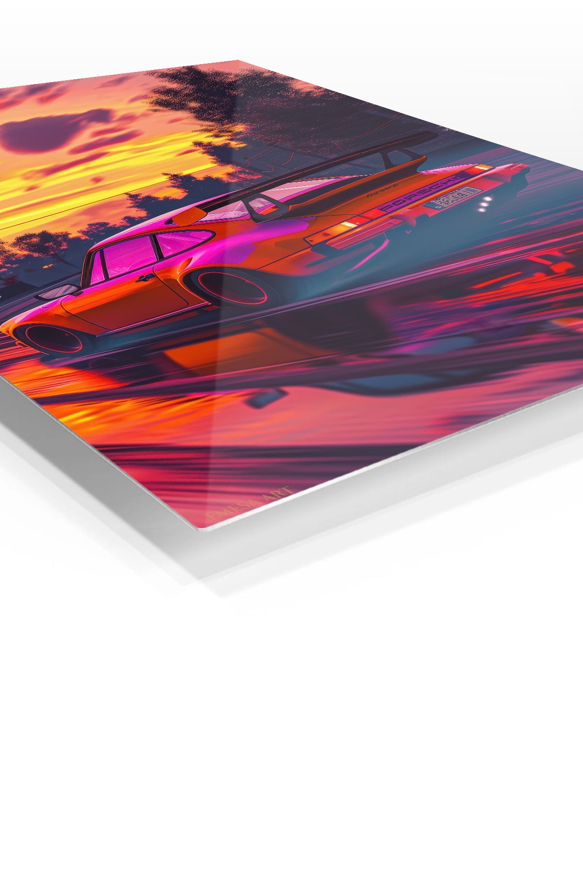 Neon Sunset Track Racer premium metal wall art Ã¢â‚¬â€œ angled view