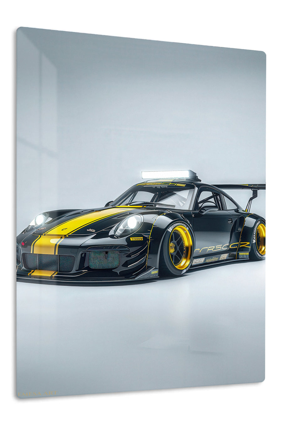 Black and Yellow Track Car premium metal wall art Ã¢â‚¬â€œ front view