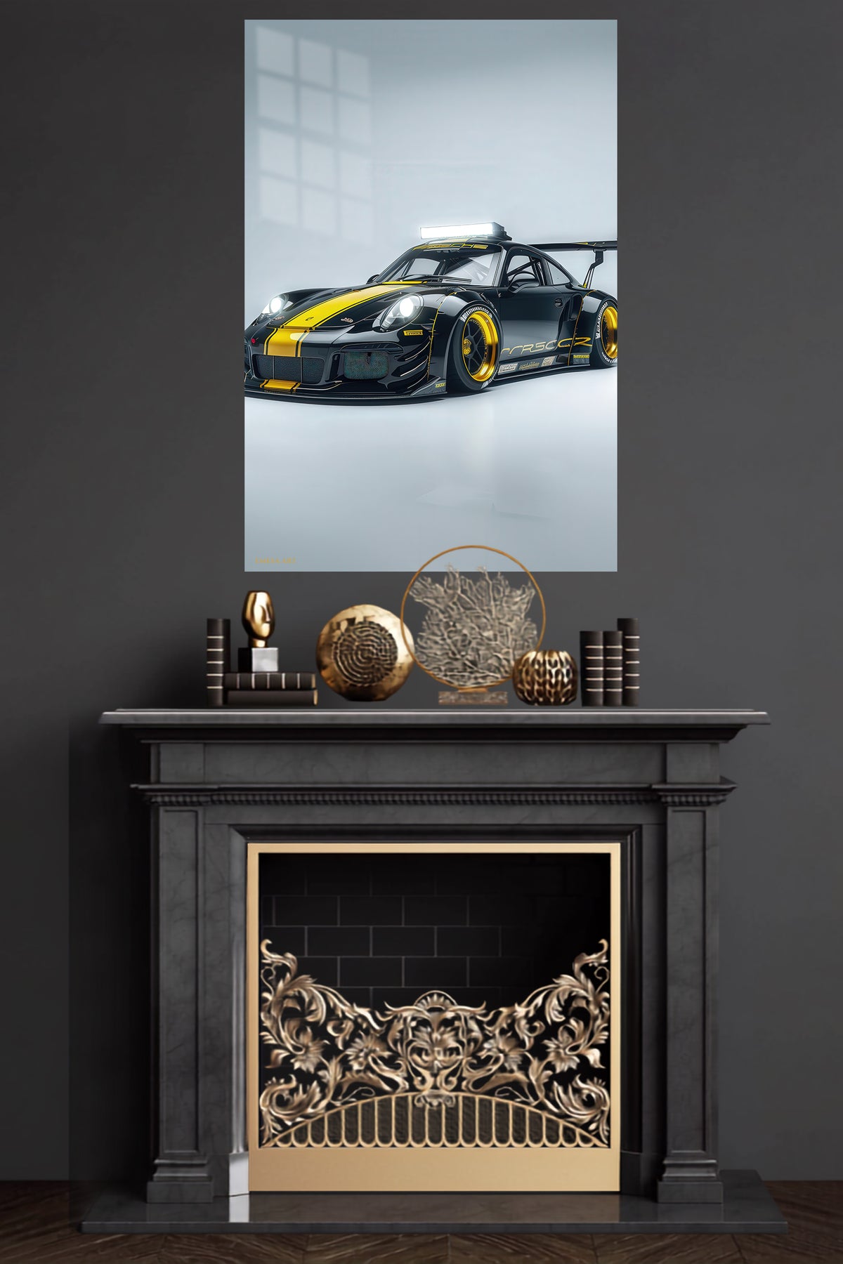 Black Yellow Porsche Race Car wall art
