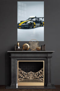 Black and Yellow Track Car metal wall art displayed in a modern interior