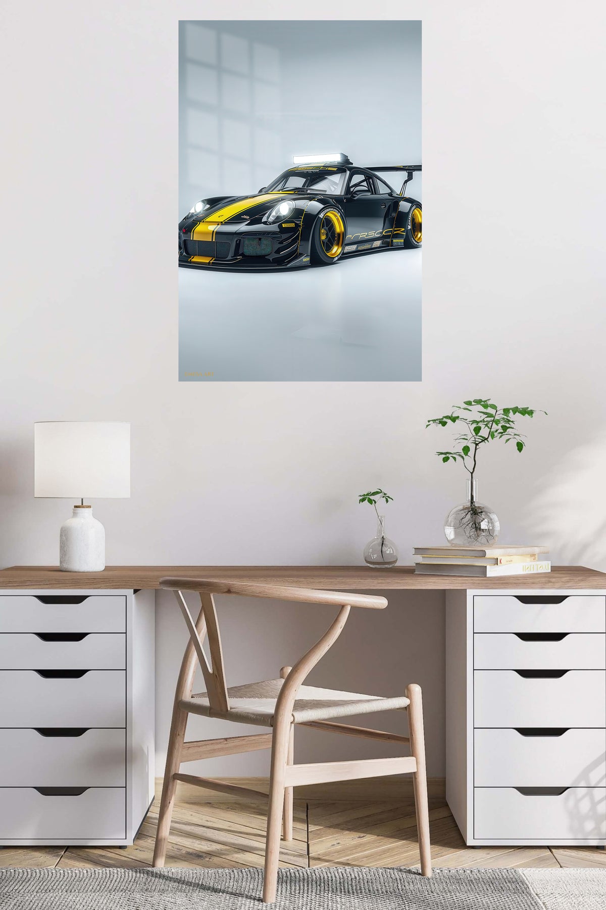 Black and Yellow Track Car metal wall art displayed in a contemporary living space