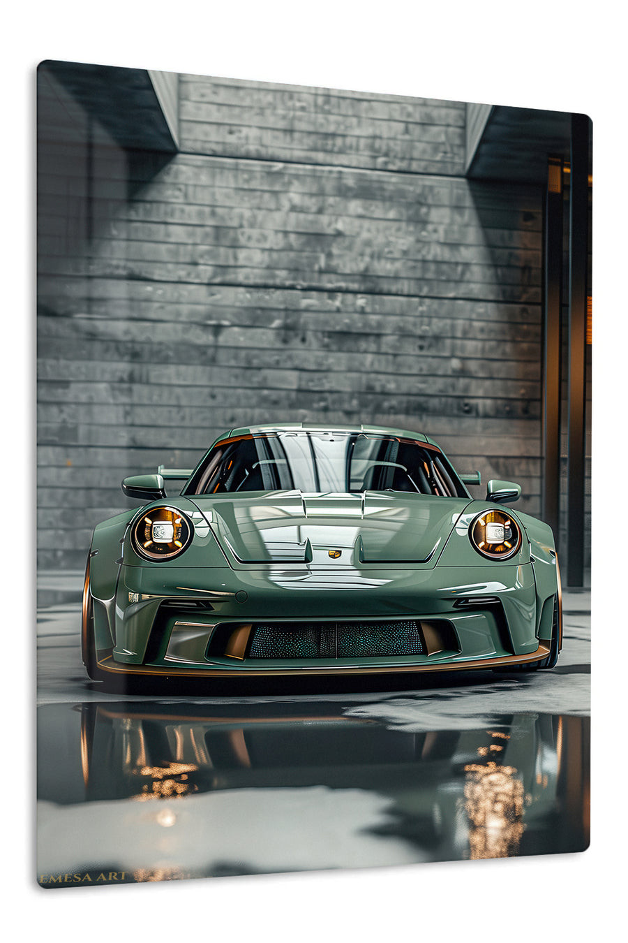 Sage Green Sports Car Garage premium metal wall art Ã¢â‚¬â€œ front view