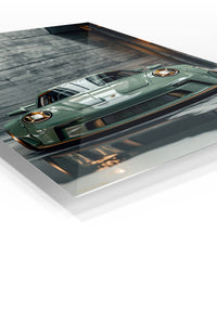Sage Green Sports Car Garage premium metal wall art Ã¢â‚¬â€œ angled view