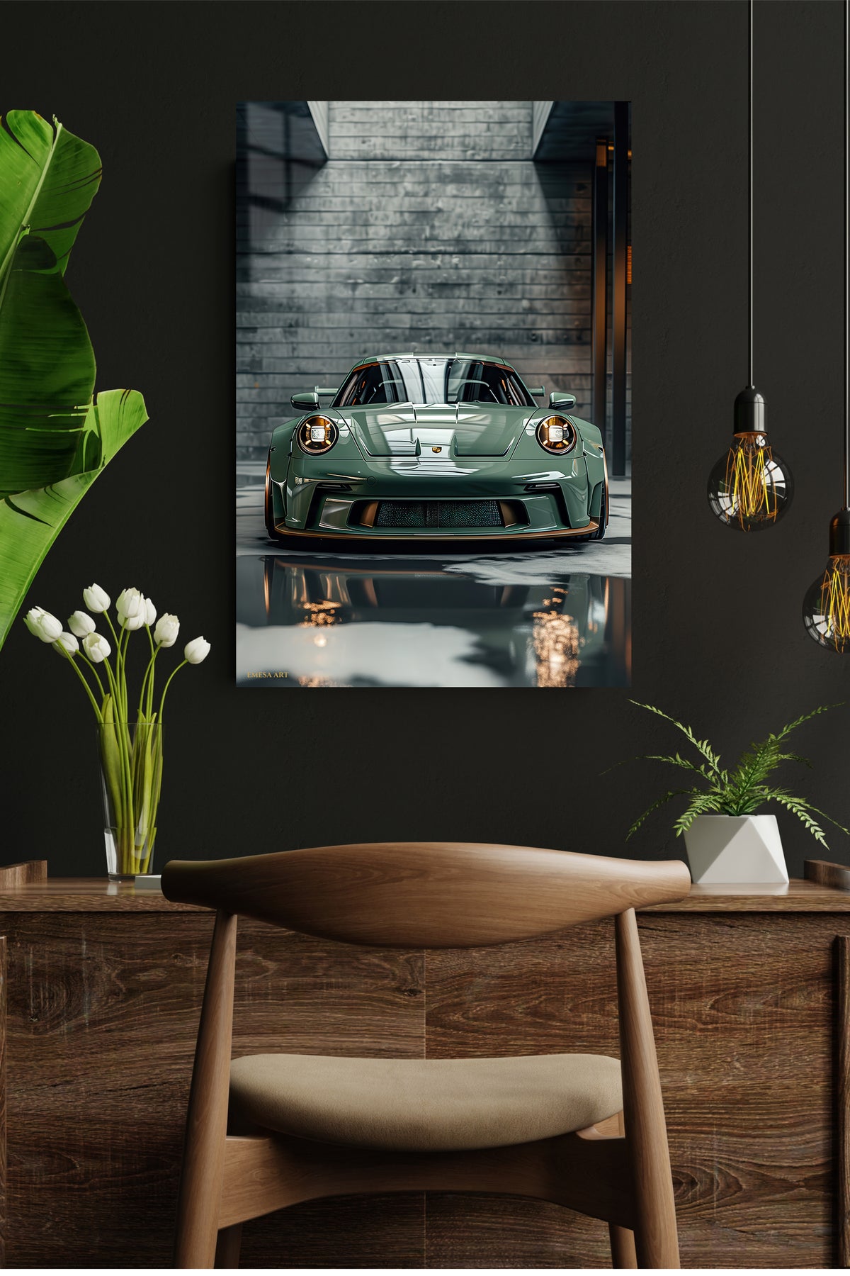 Sage Green Sports Car Garage metal wall art displayed in a modern interior