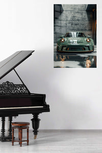 Sage Green Sports Car Garage metal wall art displayed in a contemporary living space