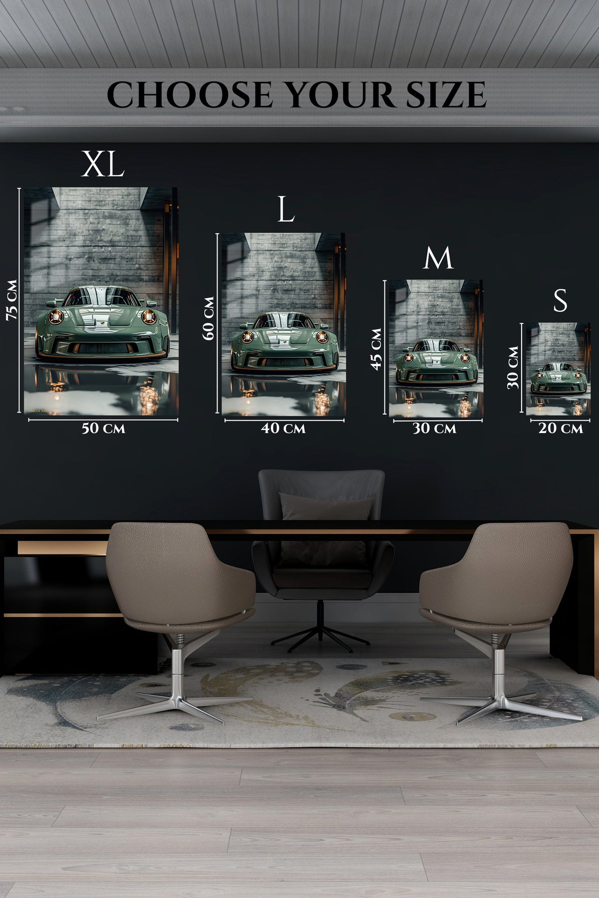 EMESA metal wall art size comparison guide for Sage Green Sports Car Garage