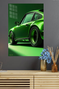 Emerald Sports Car Detail metal wall art displayed in a modern interior