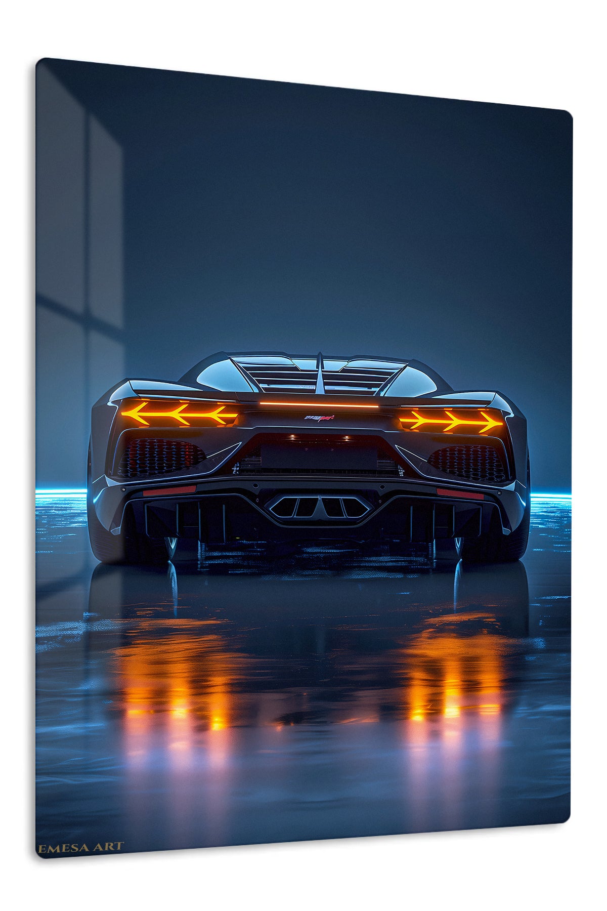 Neon Supercar Rear View premium metal wall art Ã¢â‚¬â€œ front view