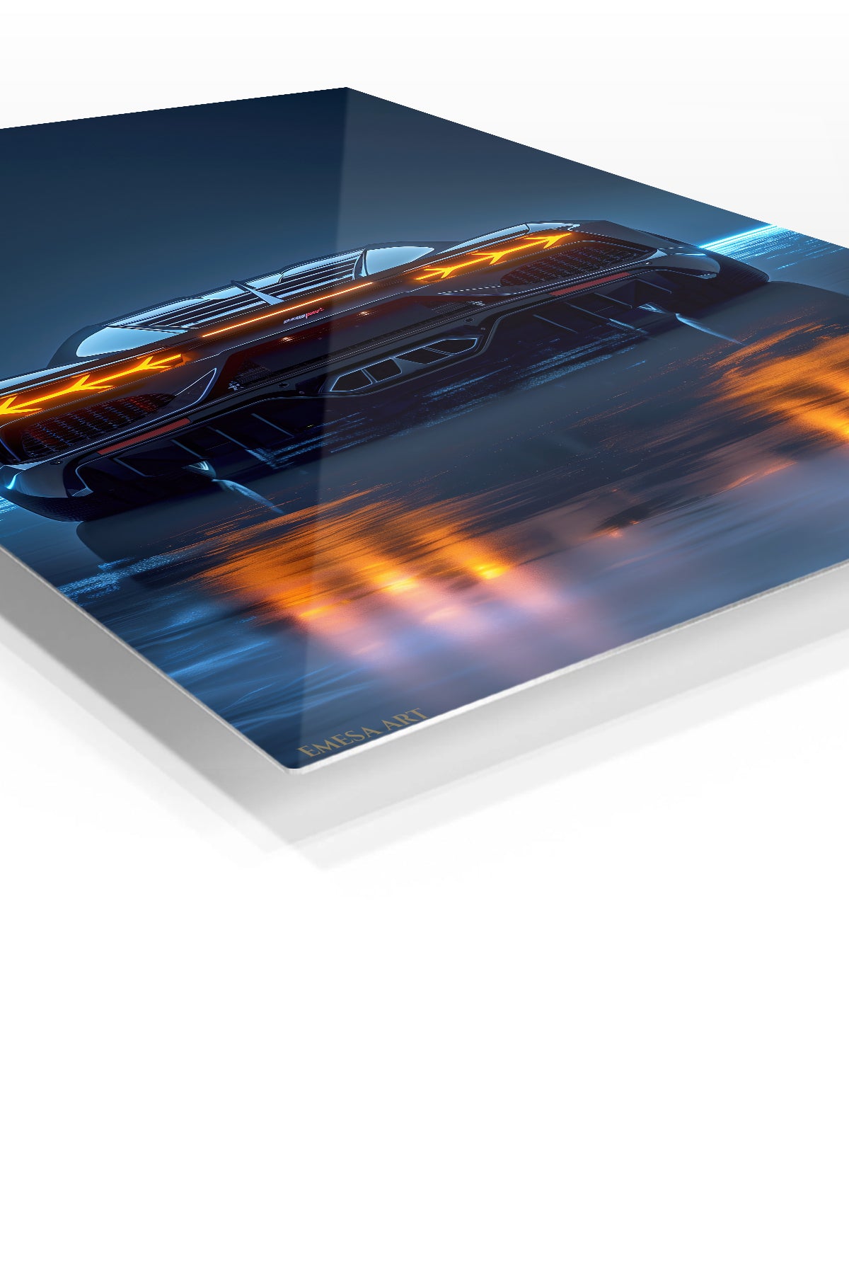Neon Supercar Rear View premium metal wall art Ã¢â‚¬â€œ angled view