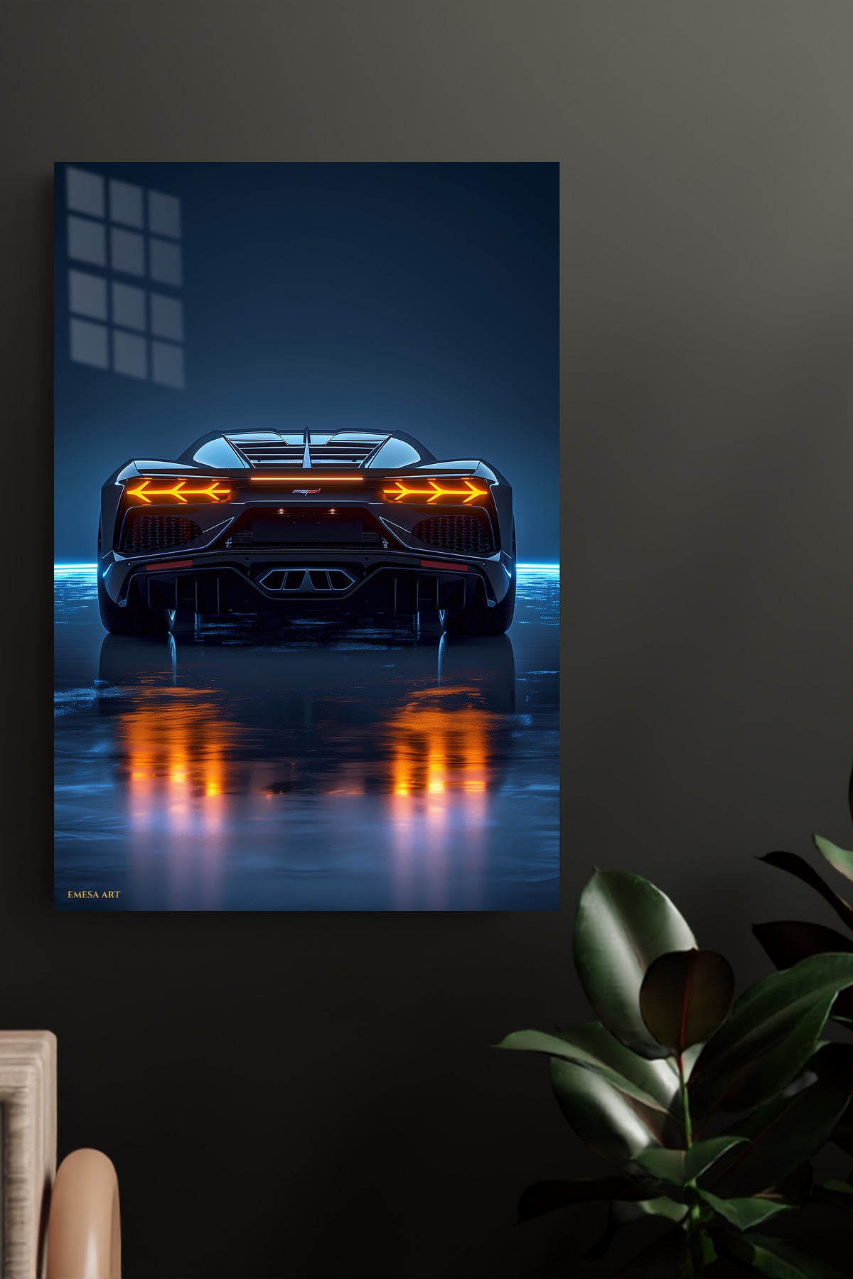 Neon Supercar Rear View metal wall art displayed in a modern interior