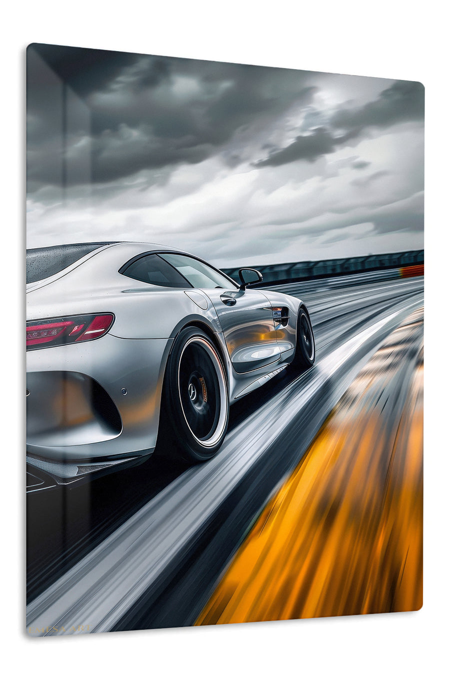 Silver Sports Coupe Under Storm Clouds premium metal wall art Ã¢â‚¬â€œ front view