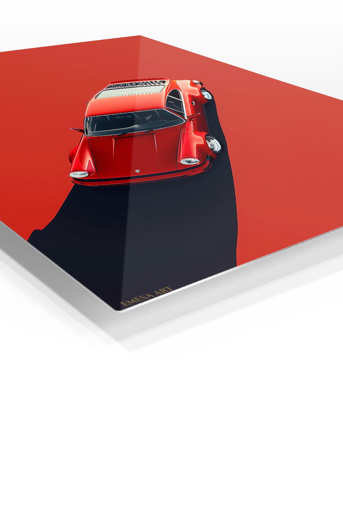 Red Vintage Sports Car Shadow premium metal wall art Ã¢â‚¬â€œ angled view