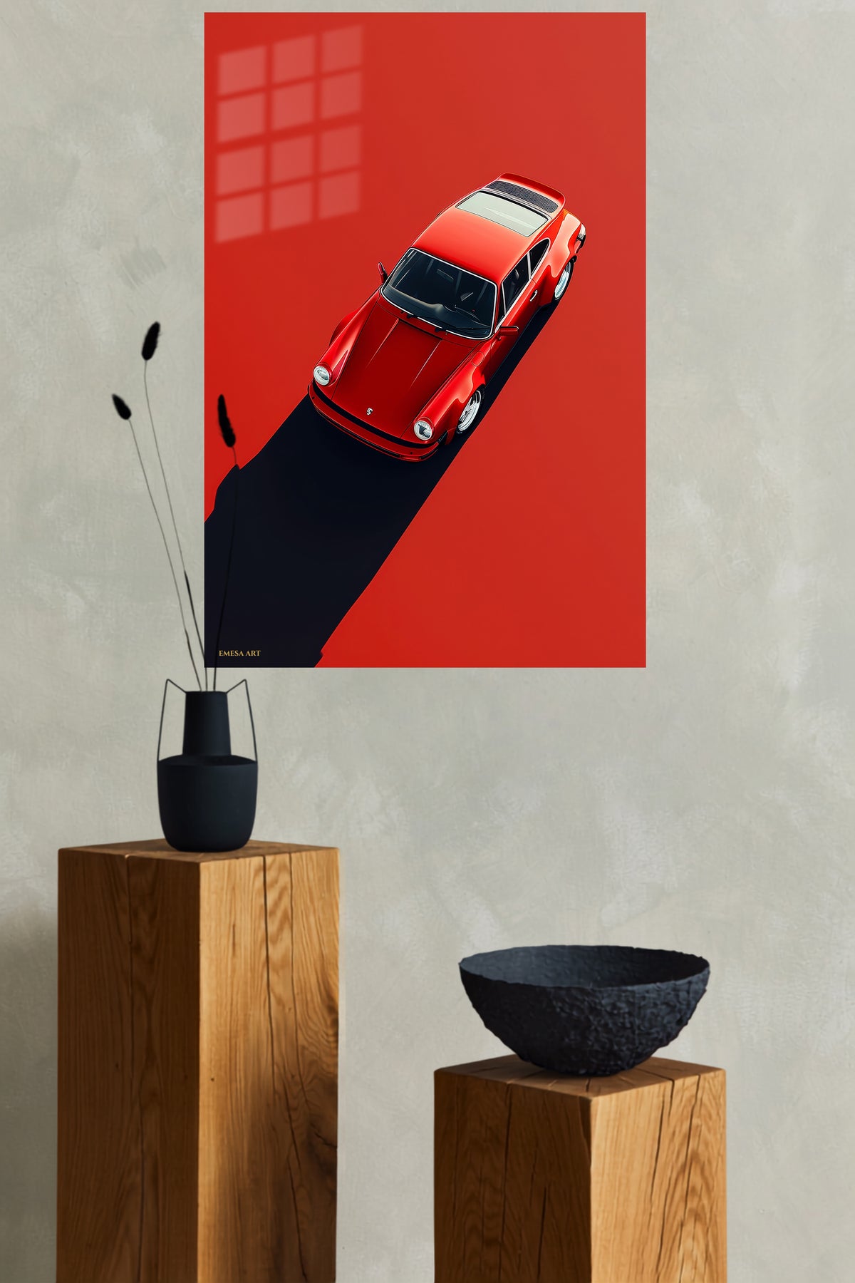 Red Vintage Sports Car Shadow metal wall art displayed in a modern interior