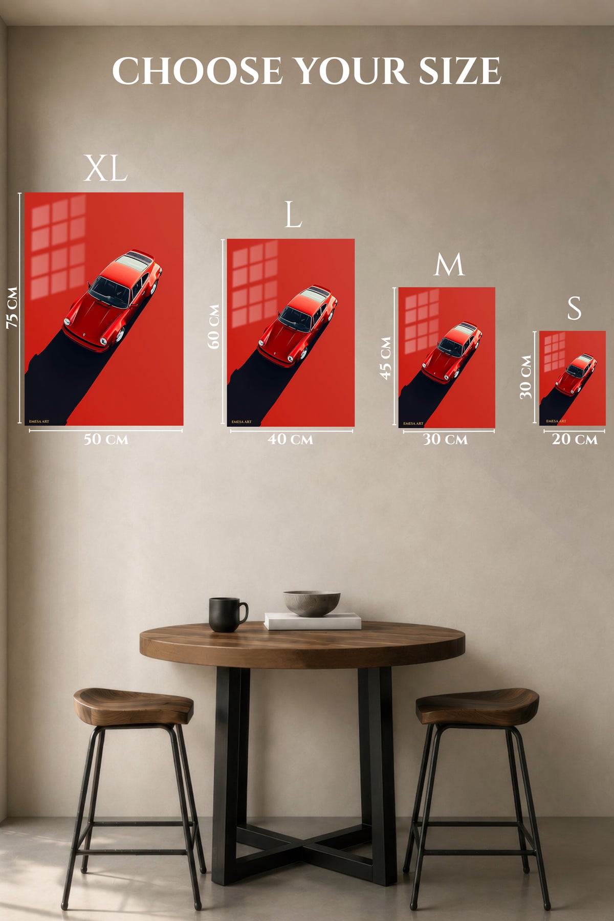 EMESA metal wall art size comparison guide for Red Vintage Sports Car Shadow