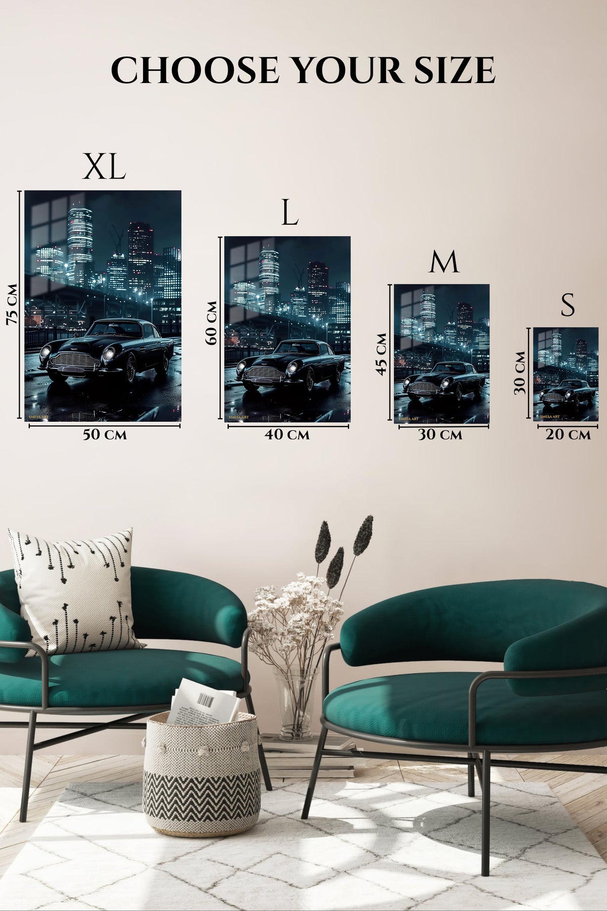 EMESA metal wall art size comparison guide for Classic Coupe in Neon City Rain