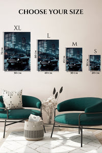 EMESA metal wall art size comparison guide for Classic Coupe in Neon City Rain
