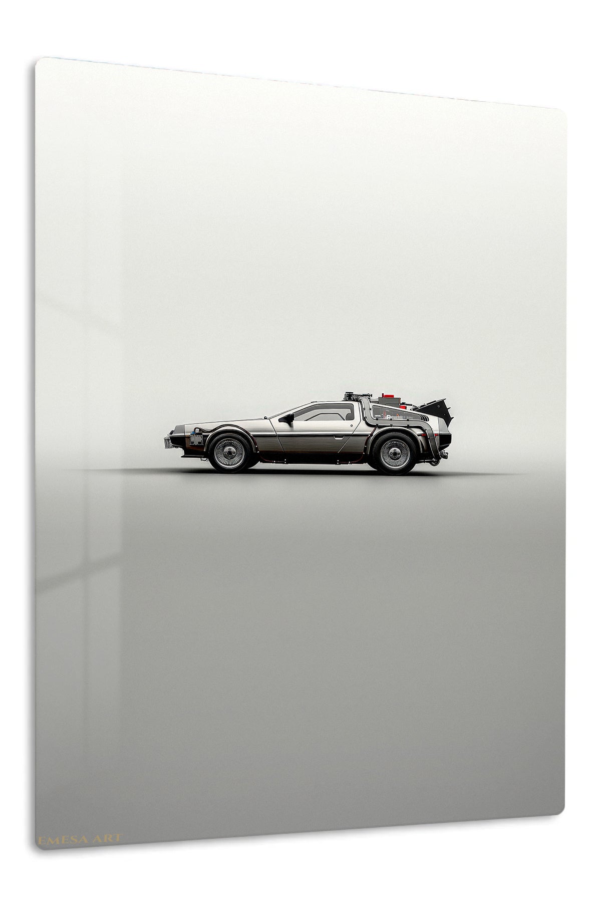 Retro Futuristic Silver Coupe premium metal wall art Ã¢â‚¬â€œ front view