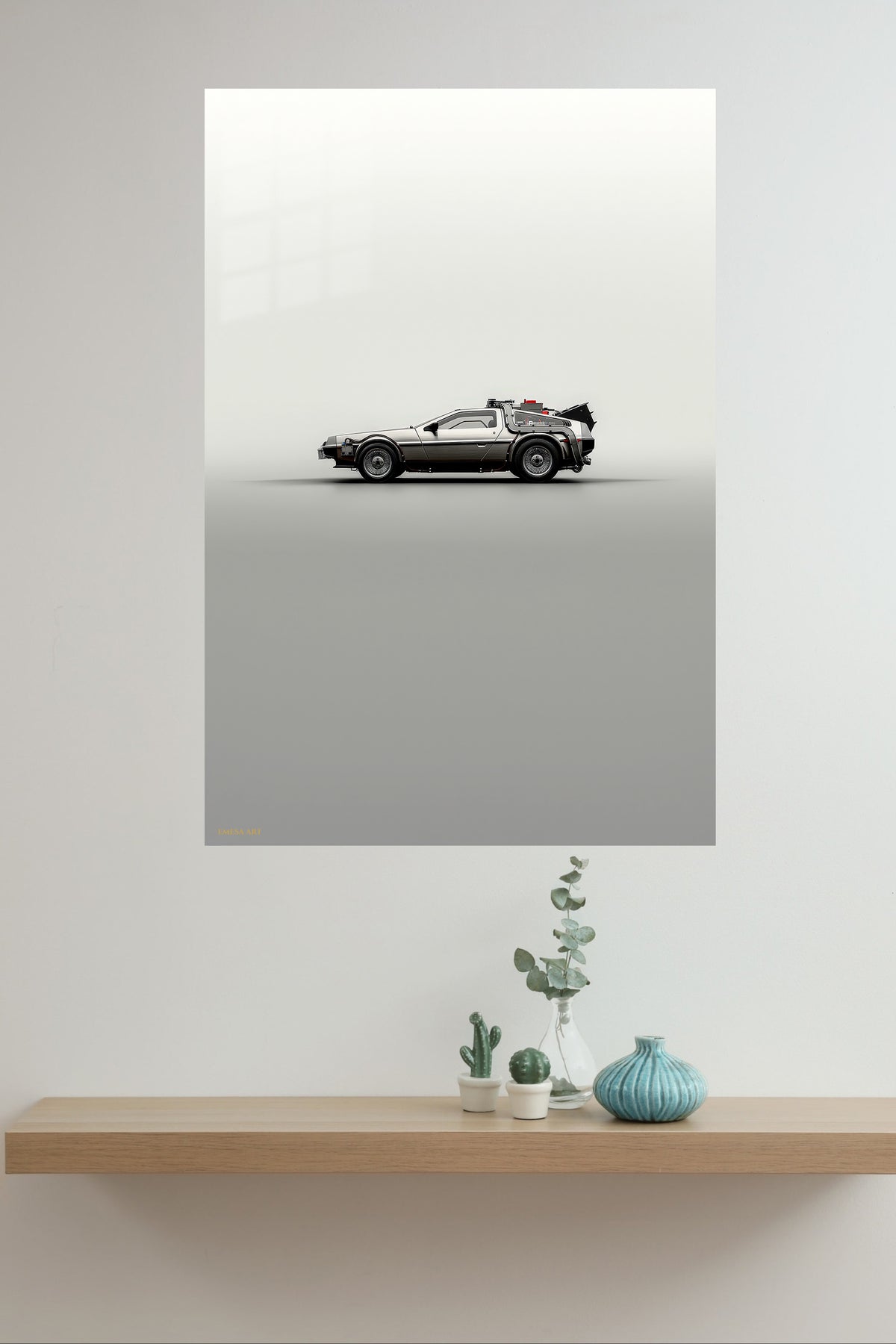 Retro Futuristic Silver Coupe metal wall art displayed in a modern interior