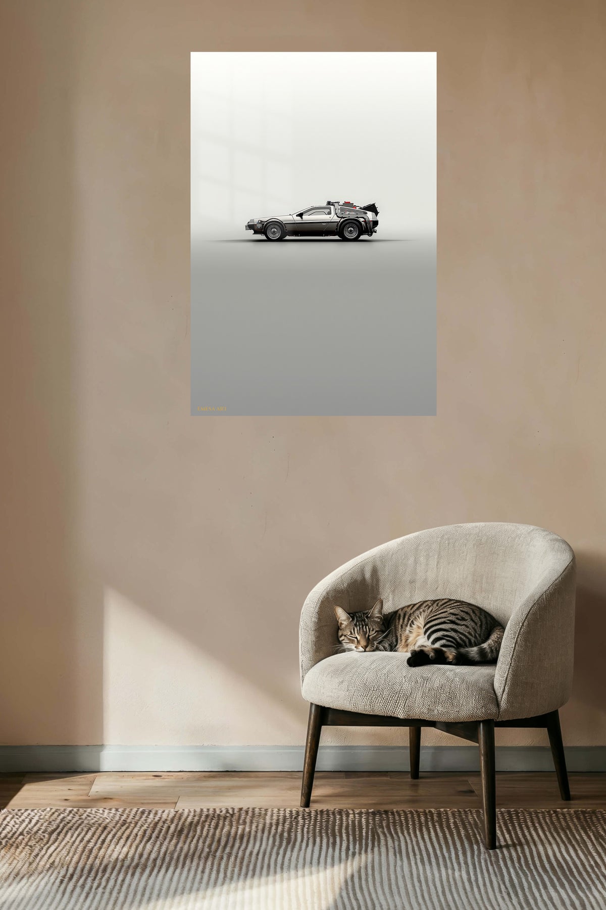 Retro Futuristic Silver Coupe metal wall art displayed in a contemporary living space