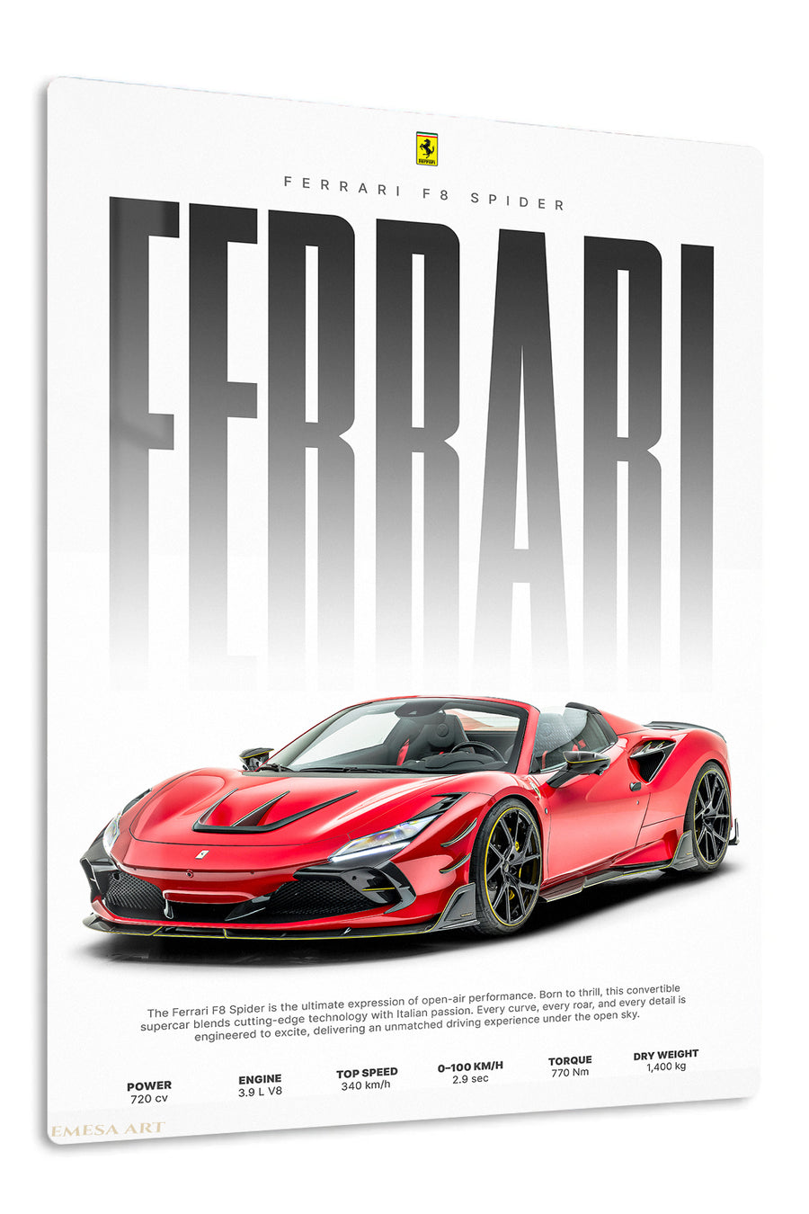 Ferrari F8 Spider Performance Poster premium metal wall art Ã¢â‚¬â€œ front view