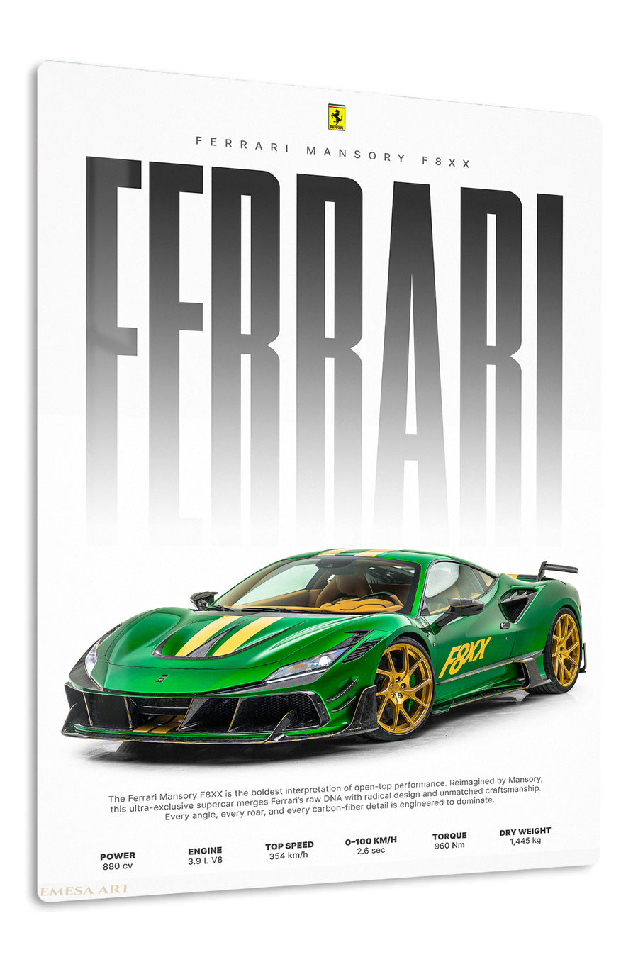 Emerald Green Supercar Typography Poster premium metal wall art Ã¢â‚¬â€œ front view