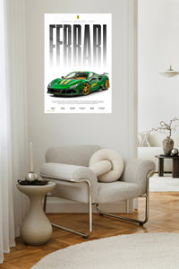 Emerald Green Supercar Typography Poster metal wall art displayed in a contemporary living space