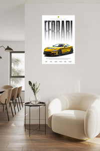 Ferrari Mansory Roma Gold Performance Poster metal wall art displayed in a contemporary living space