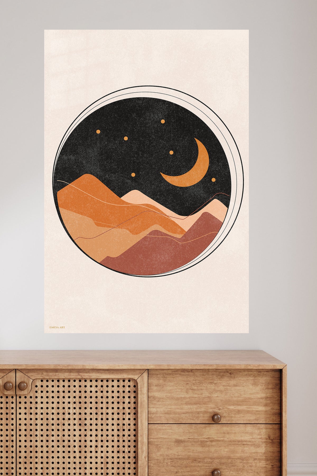 Crescent Moon Desert Layers metal wall art displayed in a modern interior